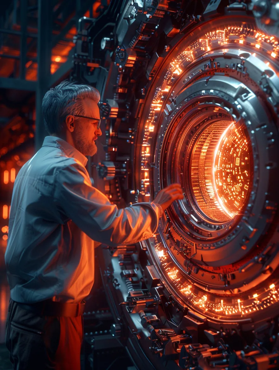 Illustration of an engineer beside illuminated precision equipment